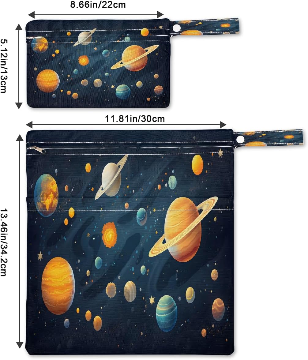 2-Pack Waterproof Wet Dry Bags for Swimsuits & Travel - Large & Small Sizes with Snap Handles, Lightweight Nebula Galaxy Blue Print Polyester Bags (11.8"x13.5" + 8.7"x5.1")