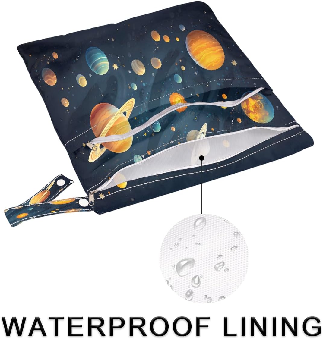 2-Pack Waterproof Wet Dry Bags for Swimsuits & Travel - Large & Small Sizes with Snap Handles, Lightweight Nebula Galaxy Blue Print Polyester Bags (11.8"x13.5" + 8.7"x5.1")