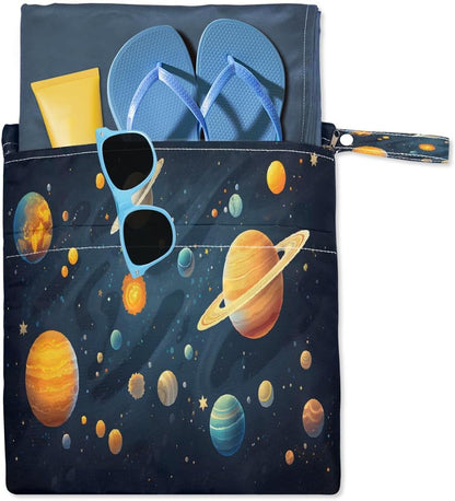 2-Pack Waterproof Wet Dry Bags for Swimsuits & Travel - Large & Small Sizes with Snap Handles, Lightweight Nebula Galaxy Blue Print Polyester Bags (11.8"x13.5" + 8.7"x5.1")