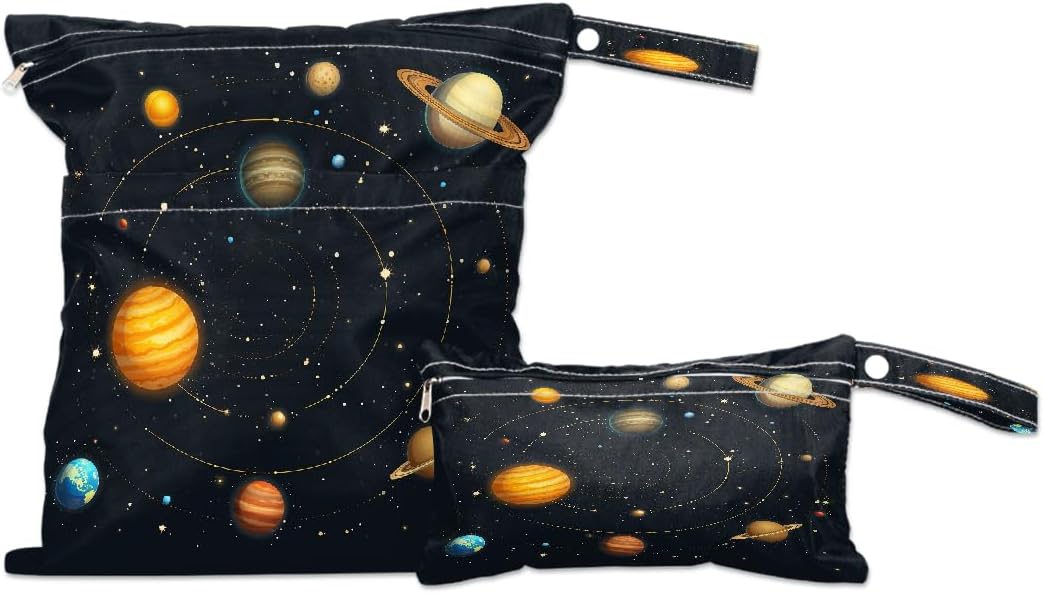 2-Pack Waterproof Wet Dry Bags for Swimsuits & Travel - Large & Small Sizes with Snap Handles, Lightweight Nebula Galaxy Blue Print Polyester Bags (11.8"x13.5" + 8.7"x5.1")