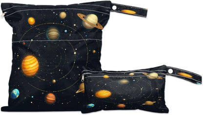 2-Pack Waterproof Wet Dry Bags for Swimsuits & Travel - Large & Small Sizes with Snap Handles, Lightweight Nebula Galaxy Blue Print Polyester Bags (11.8"x13.5" + 8.7"x5.1")