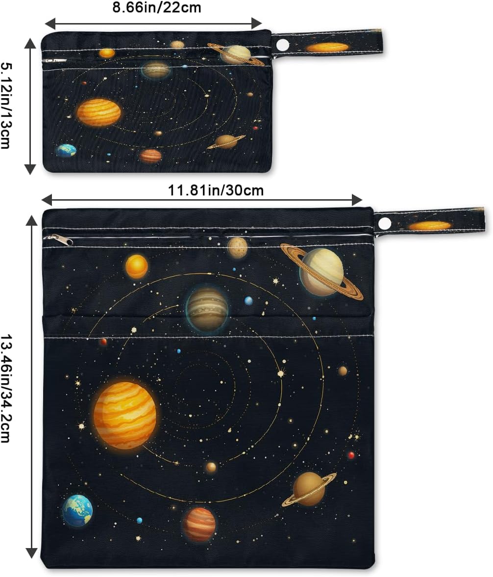 2-Pack Waterproof Wet Dry Bags for Swimsuits & Travel - Large & Small Sizes with Snap Handles, Lightweight Nebula Galaxy Blue Print Polyester Bags (11.8"x13.5" + 8.7"x5.1")