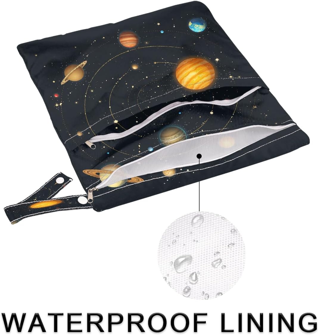 2-Pack Waterproof Wet Dry Bags for Swimsuits & Travel - Large & Small Sizes with Snap Handles, Lightweight Nebula Galaxy Blue Print Polyester Bags (11.8"x13.5" + 8.7"x5.1")