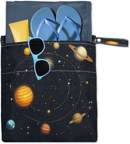 2-Pack Waterproof Wet Dry Bags for Swimsuits & Travel - Large & Small Sizes with Snap Handles, Lightweight Nebula Galaxy Blue Print Polyester Bags (11.8"x13.5" + 8.7"x5.1")