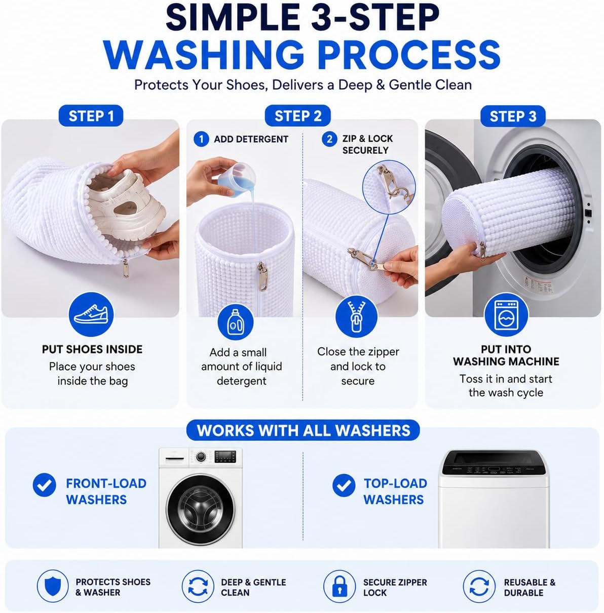 Shoe Washing Machine Bags - Reusable Sneaker Laundry Shoe Bag with 360° Deep Clean Mesh - Self Locking Zipper, Noise Reduction Washing Bag Fits All Shoes Sizes and Types - Yellow, Pack of 2