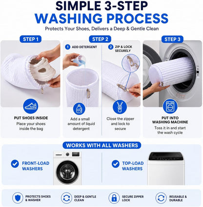 Shoe Washing Machine Bags - Reusable Sneaker Laundry Shoe Bag with 360° Deep Clean Mesh - Self Locking Zipper, Noise Reduction Washing Bag Fits All Shoes Sizes and Types - Yellow, Pack of 2