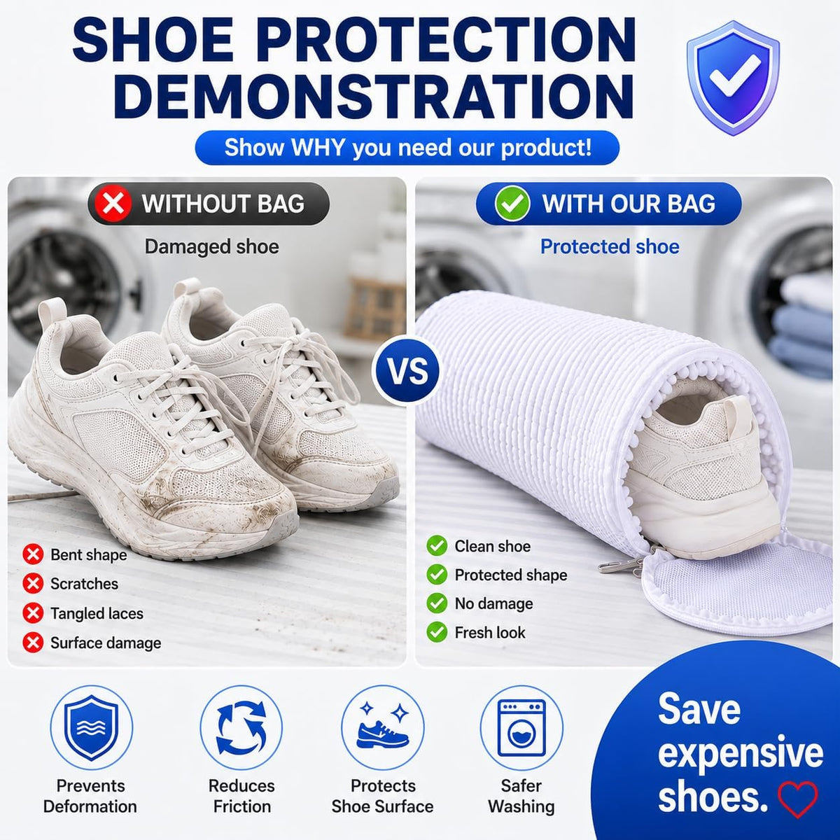 Shoe Washing Machine Bags - Reusable Sneaker Laundry Shoe Bag with 360° Deep Clean Mesh - Self Locking Zipper, Noise Reduction Washing Bag Fits All Shoes Sizes and Types - Yellow, Pack of 2