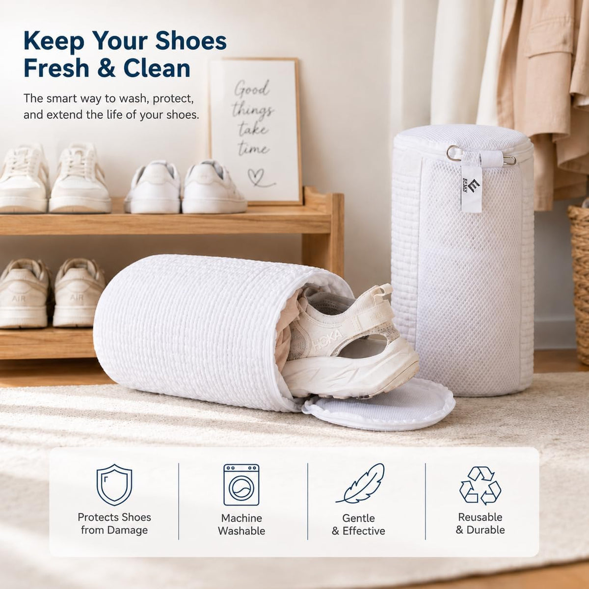 Shoe Washing Machine Bags - Reusable Sneaker Laundry Shoe Bag with 360° Deep Clean Mesh - Self Locking Zipper, Noise Reduction Washing Bag Fits All Shoes Sizes and Types - Yellow, Pack of 2