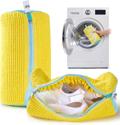 Shoe Washing Machine Bags - Reusable Sneaker Laundry Shoe Bag with 360° Deep Clean Mesh - Self Locking Zipper, Noise Reduction Washing Bag Fits All Shoes Sizes and Types - Yellow, Pack of 2