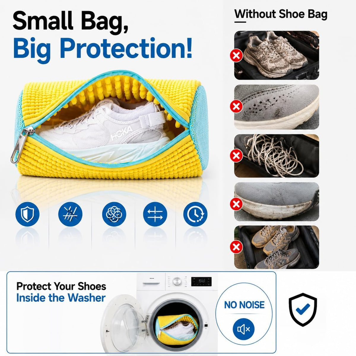 Shoe Washing Machine Bags - Reusable Sneaker Laundry Shoe Bag with 360° Deep Clean Mesh - Self Locking Zipper, Noise Reduction Washing Bag Fits All Shoes Sizes and Types - Yellow, Pack of 2