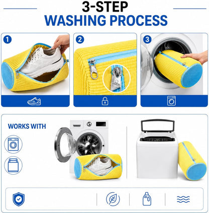 Shoe Washing Machine Bags - Reusable Sneaker Laundry Shoe Bag with 360° Deep Clean Mesh - Self Locking Zipper, Noise Reduction Washing Bag Fits All Shoes Sizes and Types - Yellow, Pack of 2