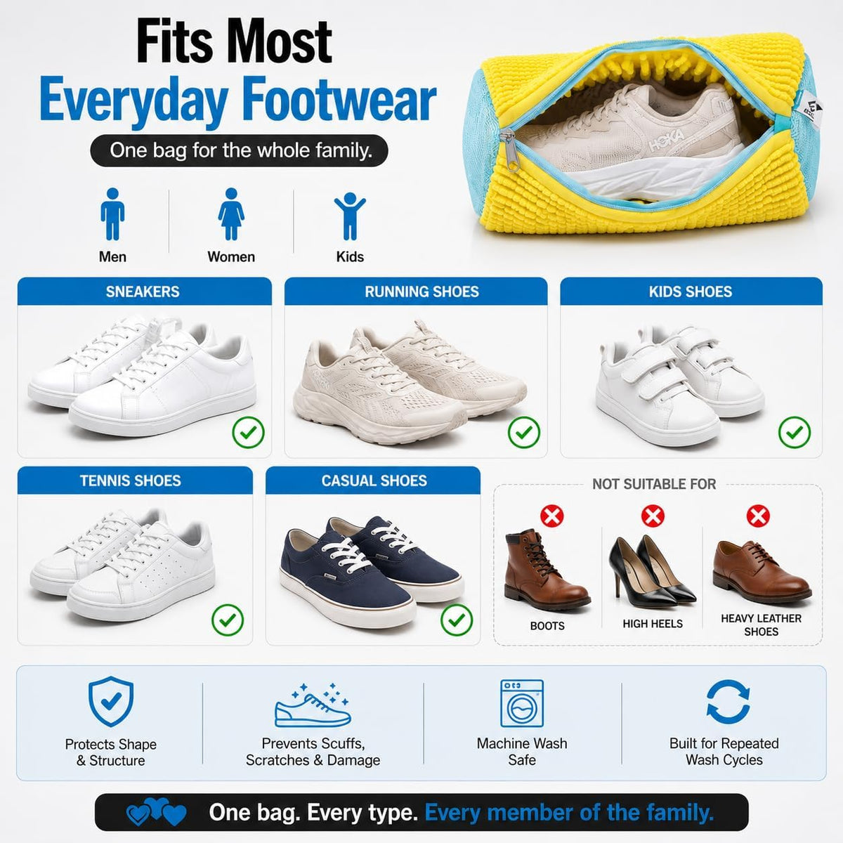 Shoe Washing Machine Bags - Reusable Sneaker Laundry Shoe Bag with 360° Deep Clean Mesh - Self Locking Zipper, Noise Reduction Washing Bag Fits All Shoes Sizes and Types - Yellow, Pack of 2