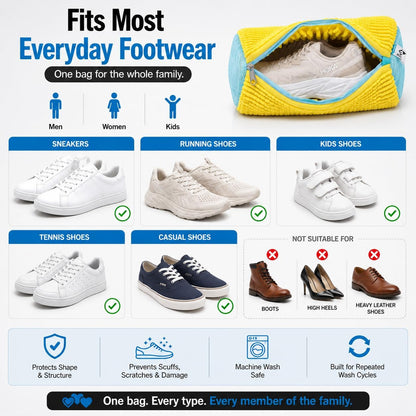 Shoe Washing Machine Bags - Reusable Sneaker Laundry Shoe Bag with 360° Deep Clean Mesh - Self Locking Zipper, Noise Reduction Washing Bag Fits All Shoes Sizes and Types - Yellow, Pack of 2