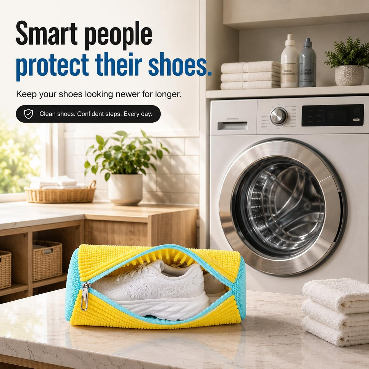 Shoe Washing Machine Bags - Reusable Sneaker Laundry Shoe Bag with 360° Deep Clean Mesh - Self Locking Zipper, Noise Reduction Washing Bag Fits All Shoes Sizes and Types - Yellow, Pack of 2