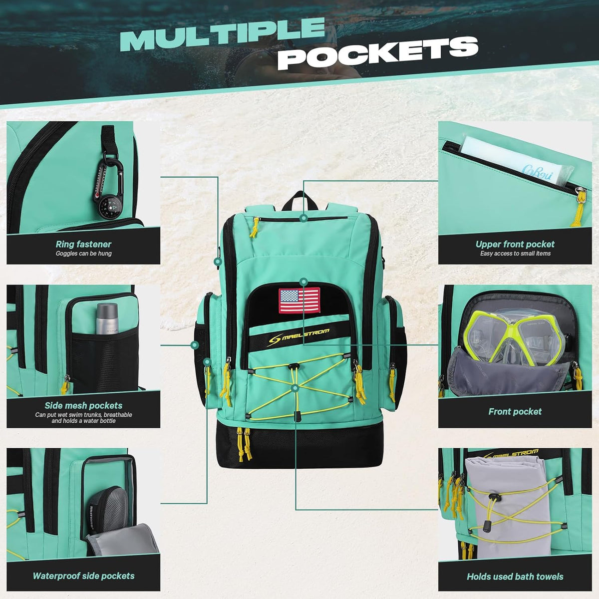 Waterproof Swim Backpack, Gear Sports Bag With Shoe Compartment | 35l Capacity, Durable Polyester, Ergonomic Back Padding, Lightweight. Ideal For Swimming, Snorkeling, Kayaking, Gym, Travel