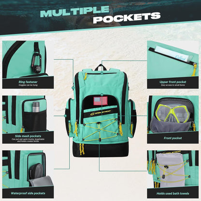 Waterproof Swim Backpack, Gear Sports Bag With Shoe Compartment | 35l Capacity, Durable Polyester, Ergonomic Back Padding, Lightweight. Ideal For Swimming, Snorkeling, Kayaking, Gym, Travel