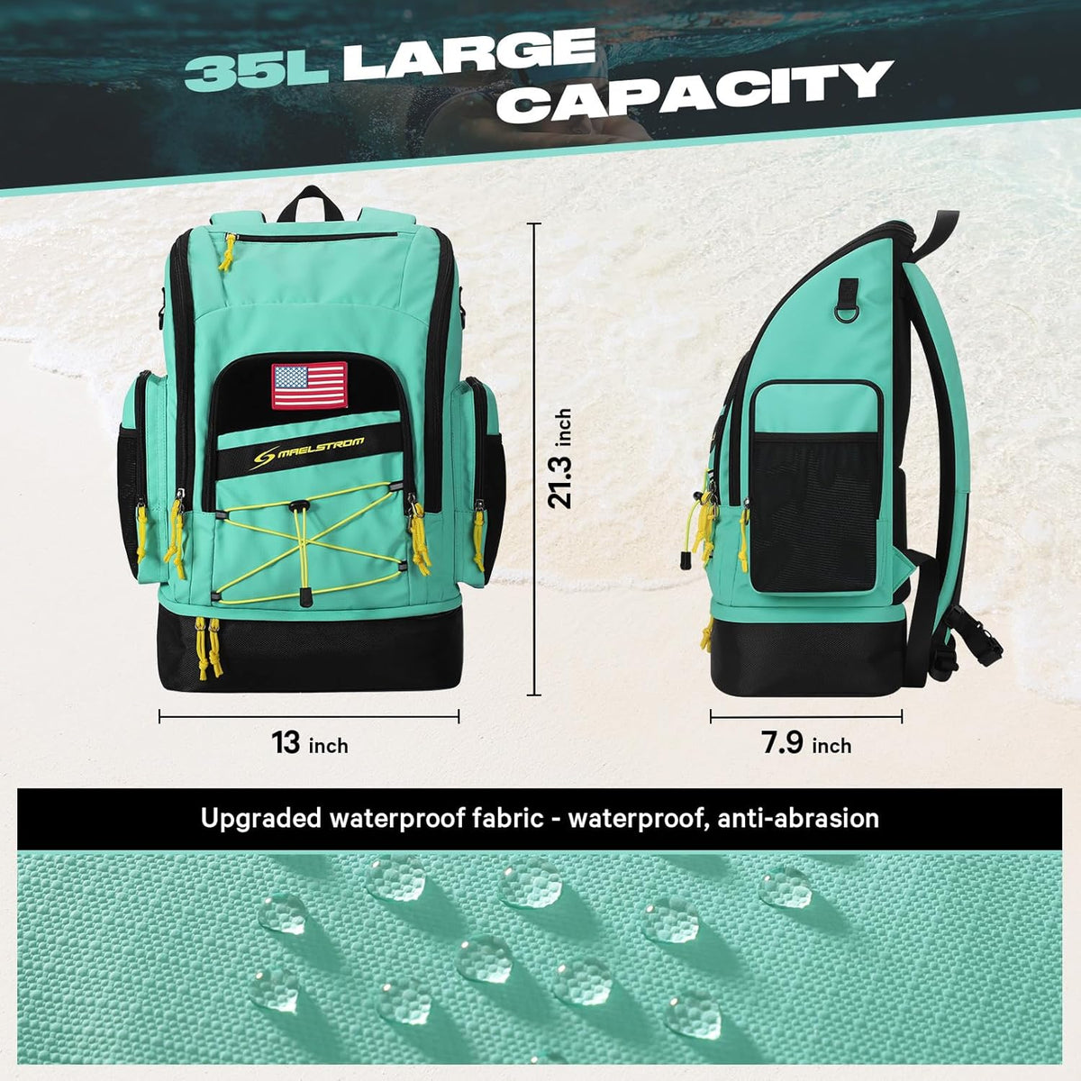 Waterproof Swim Backpack, Gear Sports Bag With Shoe Compartment | 35l Capacity, Durable Polyester, Ergonomic Back Padding, Lightweight. Ideal For Swimming, Snorkeling, Kayaking, Gym, Travel