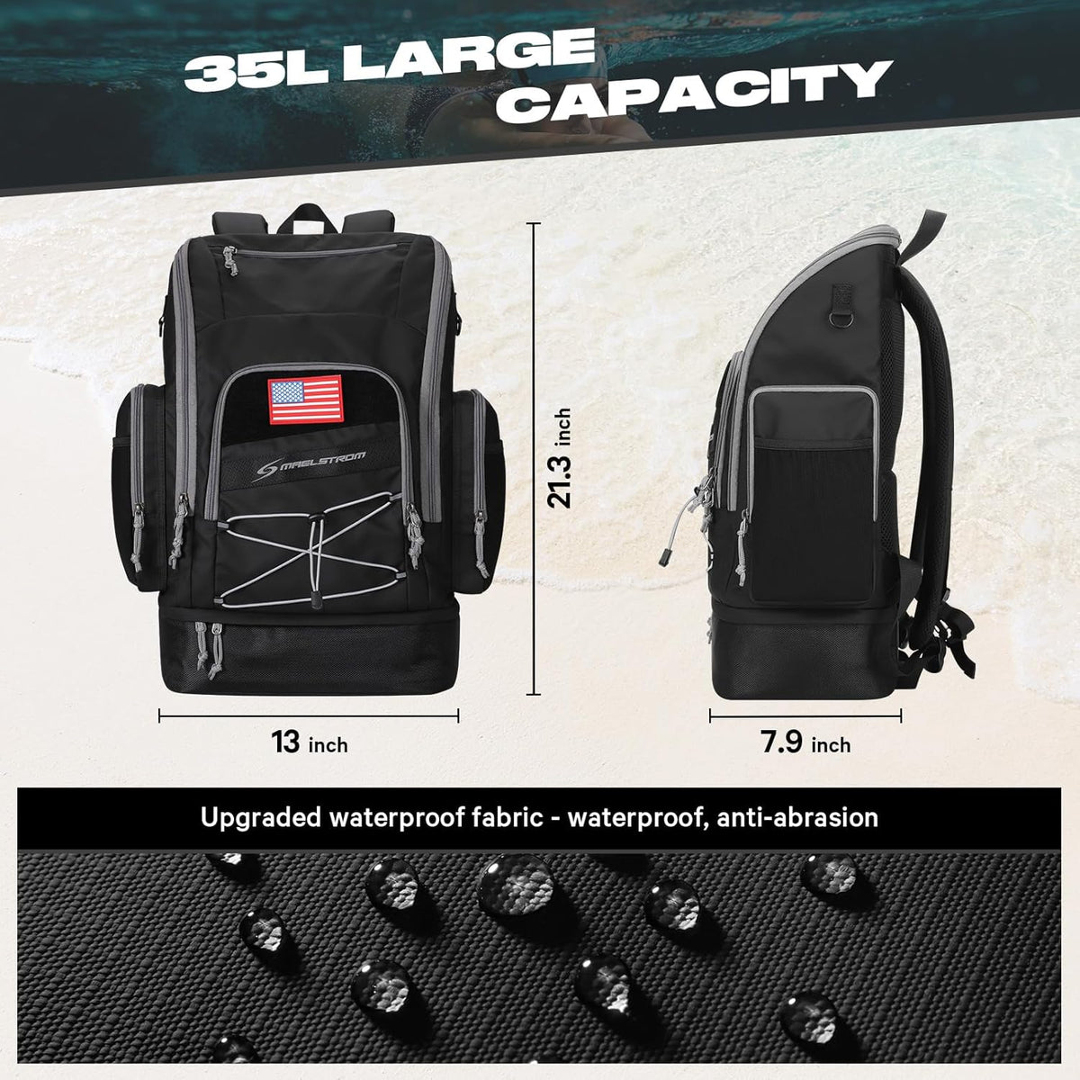 Waterproof Swim Backpack, Gear Sports Bag With Shoe Compartment | 35l Capacity, Durable Polyester, Ergonomic Back Padding, Lightweight. Ideal For Swimming, Snorkeling, Kayaking, Gym, Travel