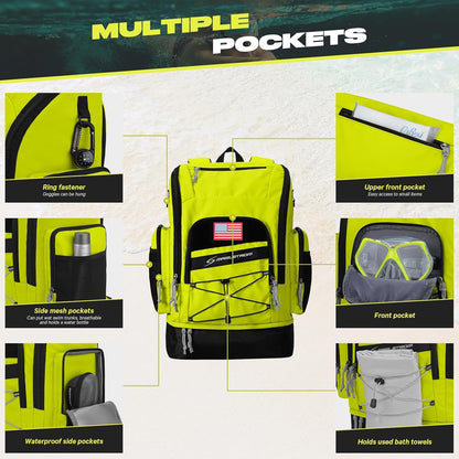 Waterproof Swim Backpack, Gear Sports Bag With Shoe Compartment | 35l Capacity, Durable Polyester, Ergonomic Back Padding, Lightweight. Ideal For Swimming, Snorkeling, Kayaking, Gym, Travel
