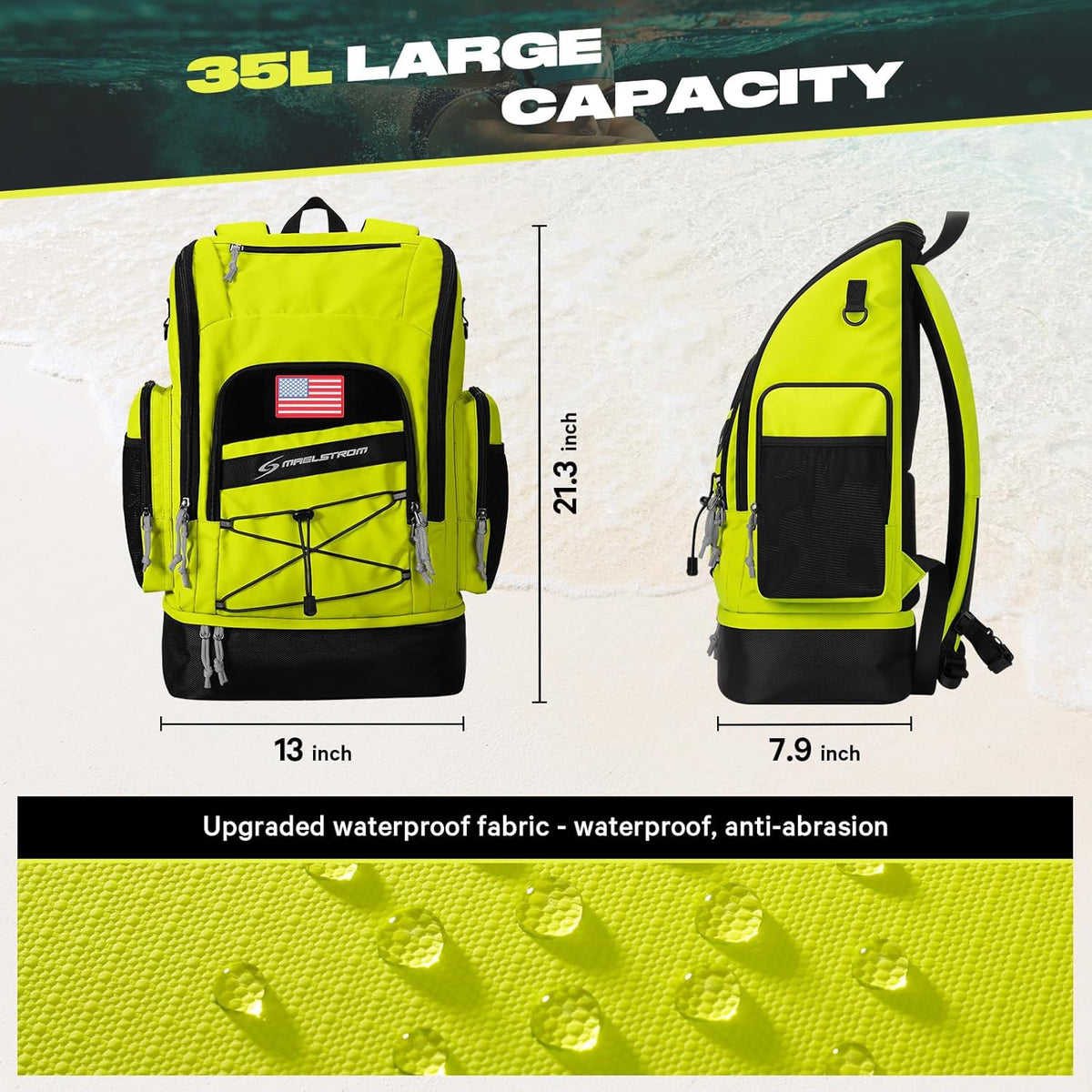 Waterproof Swim Backpack, Gear Sports Bag With Shoe Compartment | 35l Capacity, Durable Polyester, Ergonomic Back Padding, Lightweight. Ideal For Swimming, Snorkeling, Kayaking, Gym, Travel
