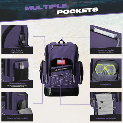 Waterproof Swim Backpack, Gear Sports Bag With Shoe Compartment | 35l Capacity, Durable Polyester, Ergonomic Back Padding, Lightweight. Ideal For Swimming, Snorkeling, Kayaking, Gym, Travel