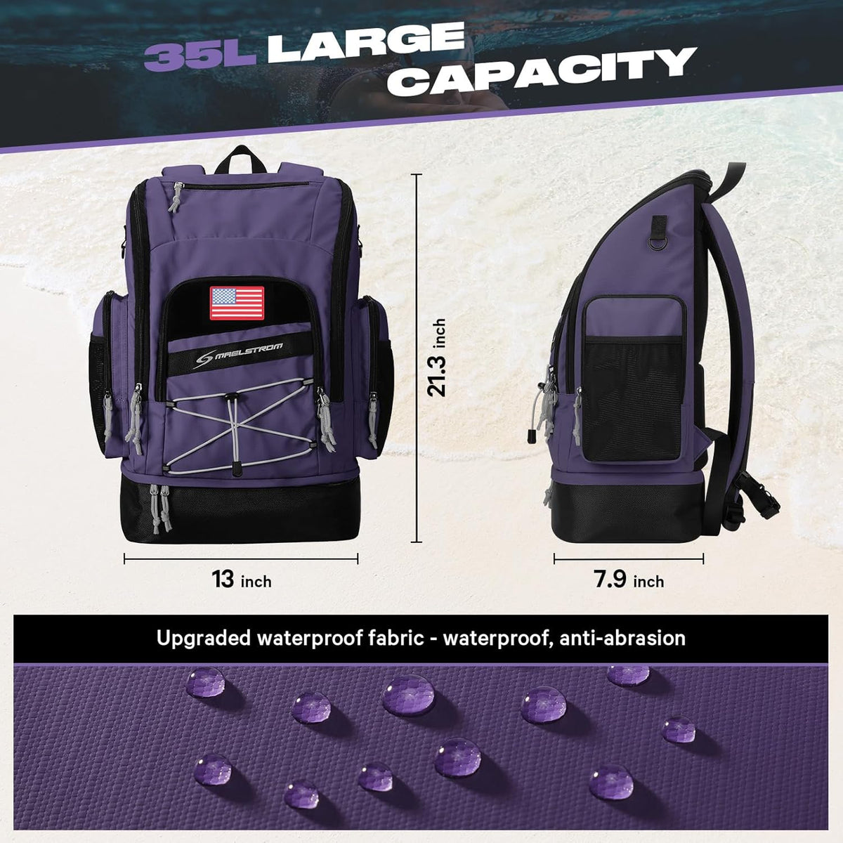 Waterproof Swim Backpack, Gear Sports Bag With Shoe Compartment | 35l Capacity, Durable Polyester, Ergonomic Back Padding, Lightweight. Ideal For Swimming, Snorkeling, Kayaking, Gym, Travel
