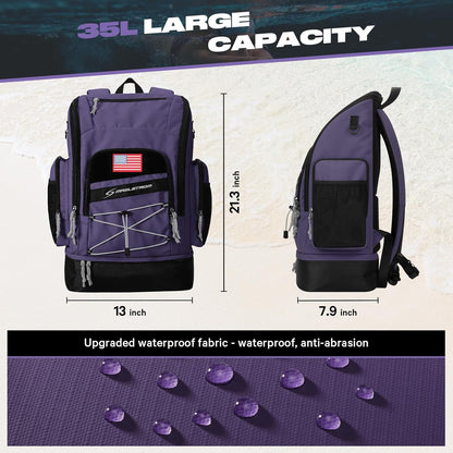 Waterproof Swim Backpack, Gear Sports Bag With Shoe Compartment | 35l Capacity, Durable Polyester, Ergonomic Back Padding, Lightweight. Ideal For Swimming, Snorkeling, Kayaking, Gym, Travel