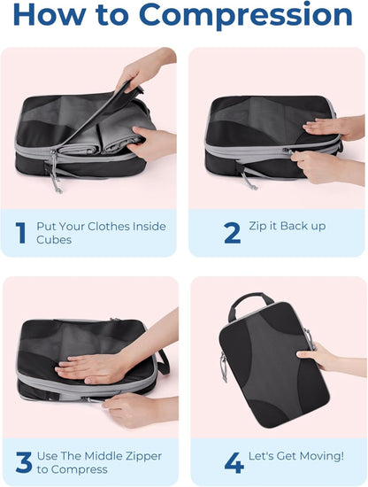 Compression Packing Cubes, Travel Bag Cruise Ship Essentials | Lightweight, Compressible Suitcase Organizer Set fit Standard Carry-On & Checked Luggage, 6 Set, 14 Set Washable Packing Bags