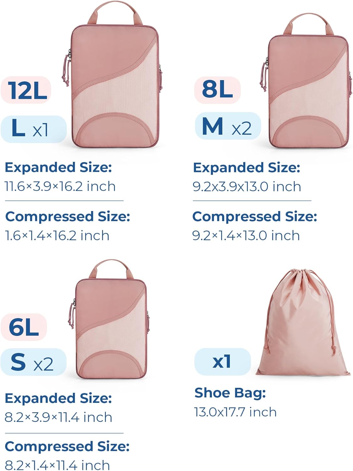 Compression Packing Cubes, Travel Bag Cruise Ship Essentials | Lightweight, Compressible Suitcase Organizer Set fit Standard Carry-On & Checked Luggage, 6 Set, 14 Set Washable Packing Bags