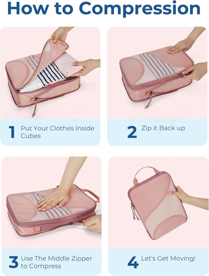 Compression Packing Cubes, Travel Bag Cruise Ship Essentials | Lightweight, Compressible Suitcase Organizer Set fit Standard Carry-On & Checked Luggage, 6 Set, 14 Set Washable Packing Bags