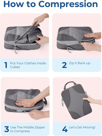 Compression Packing Cubes, Travel Bag Cruise Ship Essentials | Lightweight, Compressible Suitcase Organizer Set fit Standard Carry-On & Checked Luggage, 6 Set, 14 Set Washable Packing Bags
