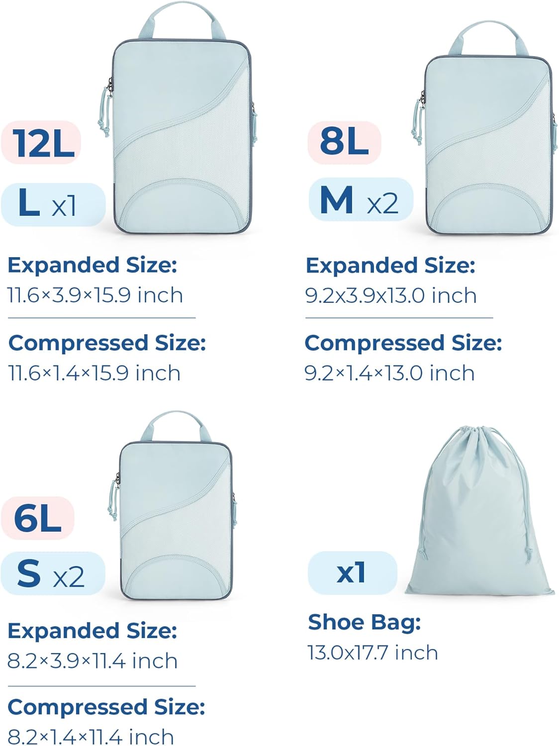 Compression Packing Cubes, Travel Bag Cruise Ship Essentials | Lightweight, Compressible Suitcase Organizer Set fit Standard Carry-On & Checked Luggage, 6 Set, 14 Set Washable Packing Bags