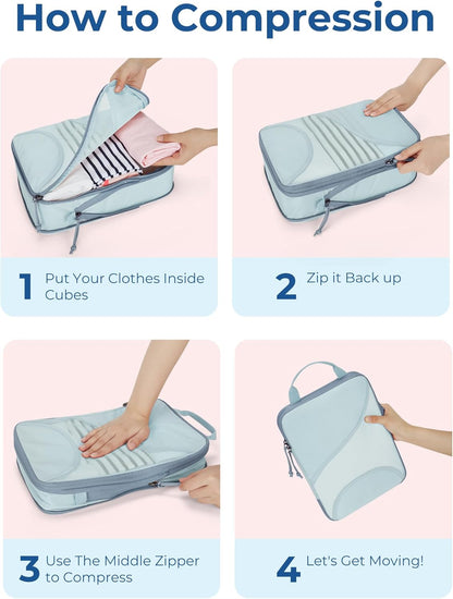 Compression Packing Cubes, Travel Bag Cruise Ship Essentials | Lightweight, Compressible Suitcase Organizer Set fit Standard Carry-On & Checked Luggage, 6 Set, 14 Set Washable Packing Bags