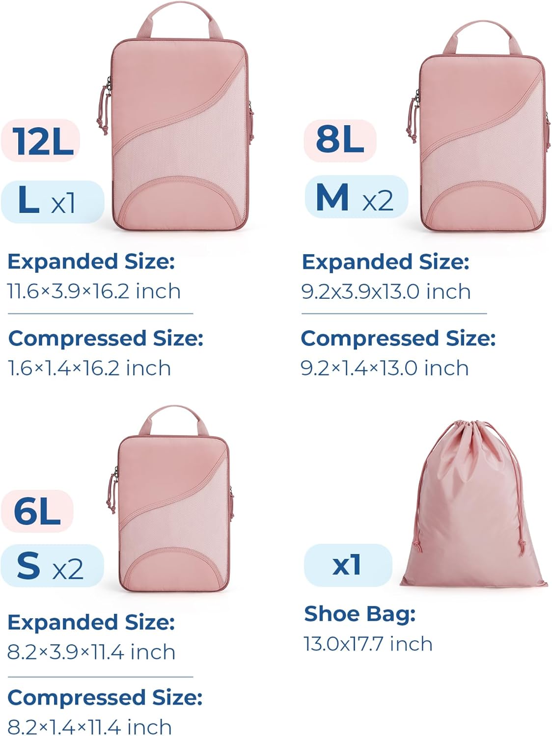 Compression Packing Cubes, Travel Bag Cruise Ship Essentials | Lightweight, Compressible Suitcase Organizer Set fit Standard Carry-On & Checked Luggage, 6 Set, 14 Set Washable Packing Bags