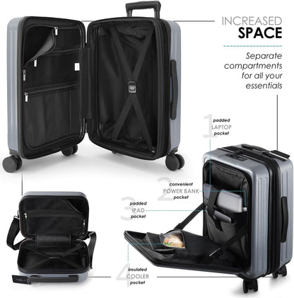 22 Inch Carry On Luggage, Carry On Suitcase with Wheels, Hardside Luggage Carry-On, Expandable Grey Small Suitcase, Hard Shell Carry-on Luggage, Spinner Luggage with Cosmetic Bag