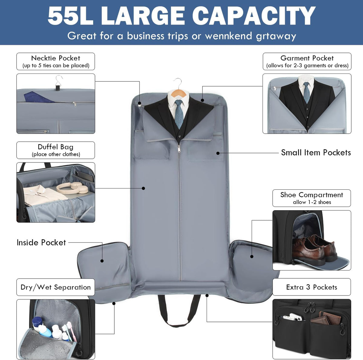 Convertible Garment Duffle Bags for Travel, Garment Bag with Shoe & Laptop Compartment, 2 in 1 Carry on Suit Garment Bags for Men Women, All in One Hanging Suit Travel Bag for Airplanes, 55L