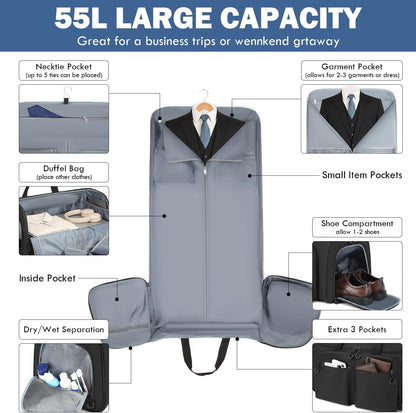 Convertible Garment Duffle Bags for Travel, Garment Bag with Shoe & Laptop Compartment, 2 in 1 Carry on Suit Garment Bags for Men Women, All in One Hanging Suit Travel Bag for Airplanes, 55L