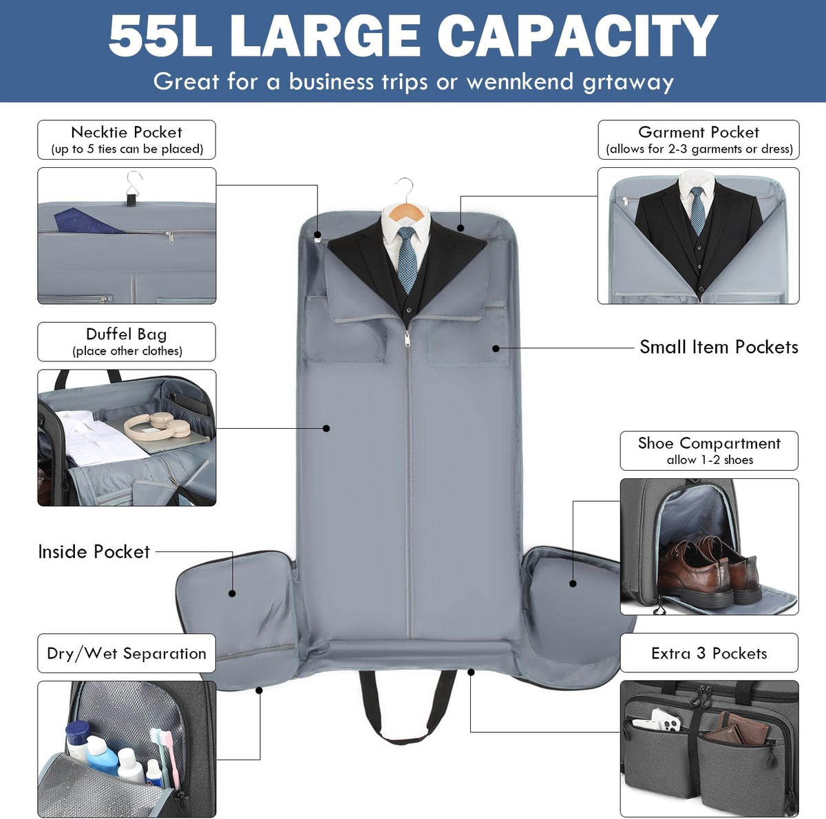 Convertible Garment Duffle Bags for Travel, Garment Bag with Shoe & Laptop Compartment, 2 in 1 Carry on Suit Garment Bags for Men Women, All in One Hanging Suit Travel Bag for Airplanes, 55L