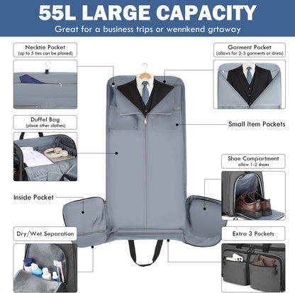 Convertible Garment Duffle Bags for Travel, Garment Bag with Shoe & Laptop Compartment, 2 in 1 Carry on Suit Garment Bags for Men Women, All in One Hanging Suit Travel Bag for Airplanes, 55L
