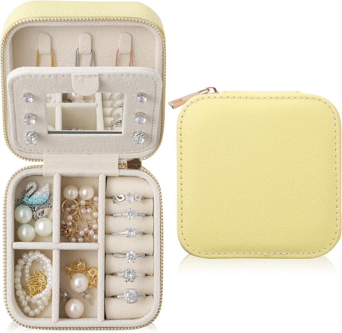 Genuine Leather Travel Jewelry Case Organizer with Mirror for Women, Small Jewelry Box Portable Mini Jewelry Case for Earring, Ring, Necklace, Bracelet(Cyan)