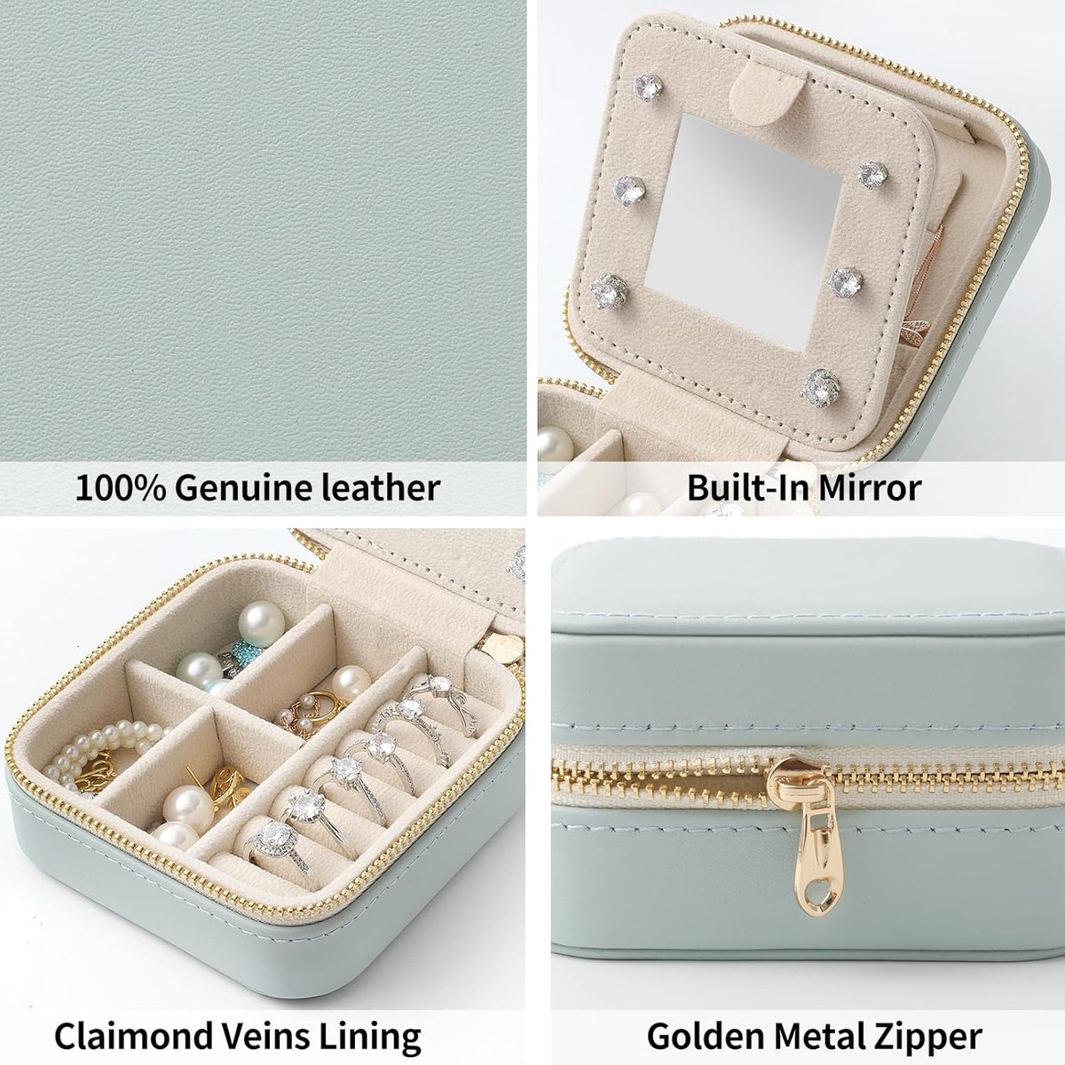 Genuine Leather Travel Jewelry Case Organizer with Mirror for Women, Small Jewelry Box Portable Mini Jewelry Case for Earring, Ring, Necklace, Bracelet(Cyan)