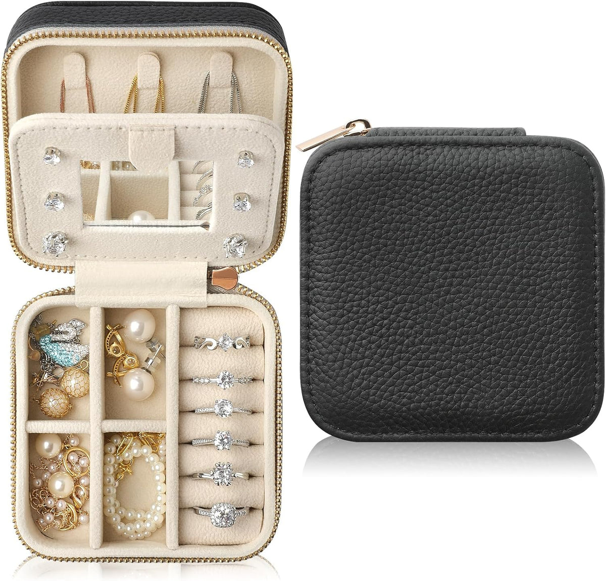 Genuine Leather Travel Jewelry Case Organizer with Mirror for Women, Small Jewelry Box Portable Mini Jewelry Case for Earring, Ring, Necklace, Bracelet(Cyan)