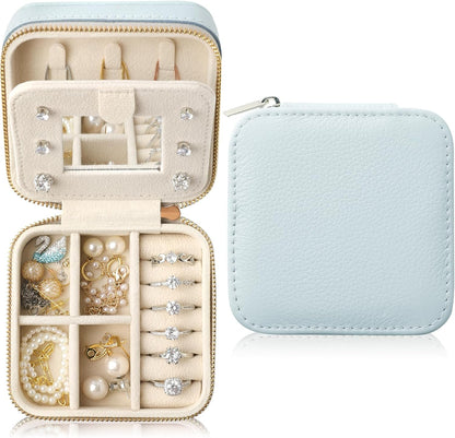 Genuine Leather Travel Jewelry Case Organizer with Mirror for Women, Small Jewelry Box Portable Mini Jewelry Case for Earring, Ring, Necklace, Bracelet(Cyan)