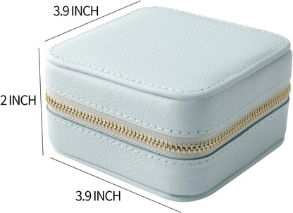Genuine Leather Travel Jewelry Case Organizer with Mirror for Women, Small Jewelry Box Portable Mini Jewelry Case for Earring, Ring, Necklace, Bracelet(Cyan)