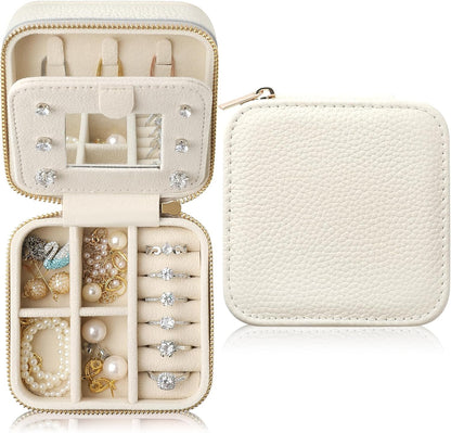 Genuine Leather Travel Jewelry Case Organizer with Mirror for Women, Small Jewelry Box Portable Mini Jewelry Case for Earring, Ring, Necklace, Bracelet(Cyan)