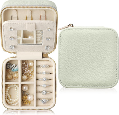 Genuine Leather Travel Jewelry Case Organizer with Mirror for Women, Small Jewelry Box Portable Mini Jewelry Case for Earring, Ring, Necklace, Bracelet(Cyan)