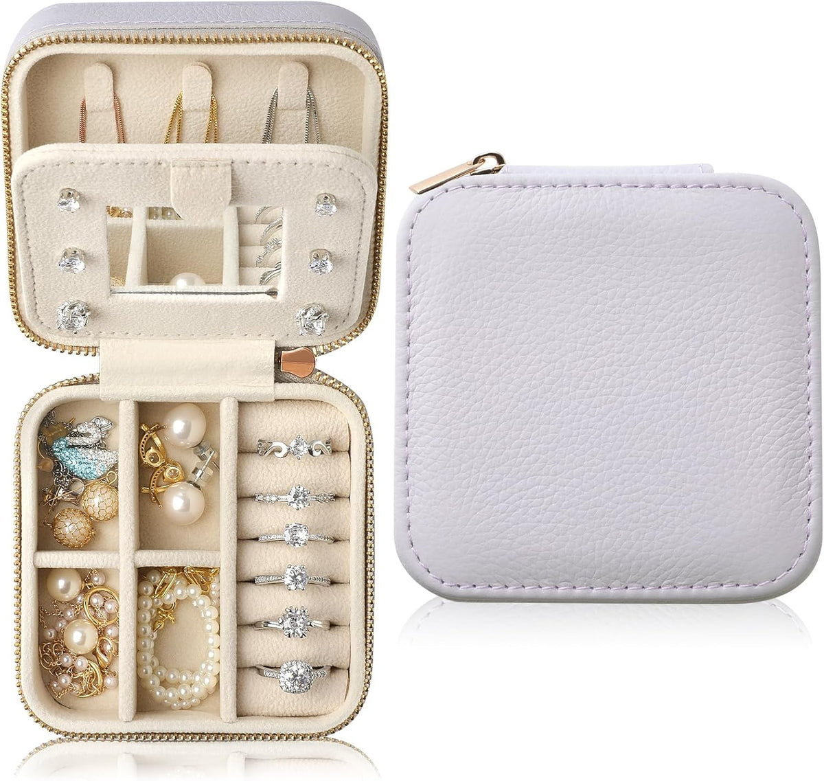 Genuine Leather Travel Jewelry Case Organizer with Mirror for Women, Small Jewelry Box Portable Mini Jewelry Case for Earring, Ring, Necklace, Bracelet(Cyan)