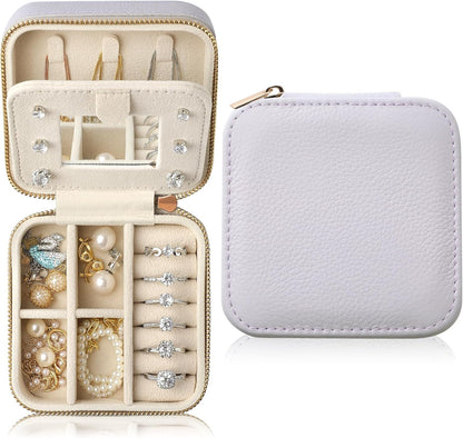 Genuine Leather Travel Jewelry Case Organizer with Mirror for Women, Small Jewelry Box Portable Mini Jewelry Case for Earring, Ring, Necklace, Bracelet(Cyan)