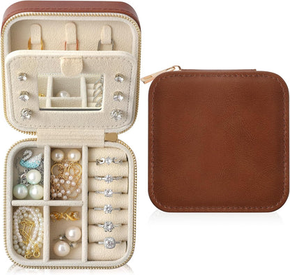 Genuine Leather Travel Jewelry Case Organizer with Mirror for Women, Small Jewelry Box Portable Mini Jewelry Case for Earring, Ring, Necklace, Bracelet(Cyan)