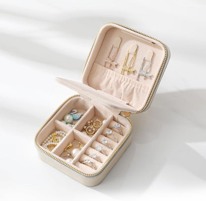Genuine Leather Travel Jewelry Case Organizer with Mirror for Women, Small Jewelry Box Portable Mini Jewelry Case for Earring, Ring, Necklace, Bracelet(Cyan)